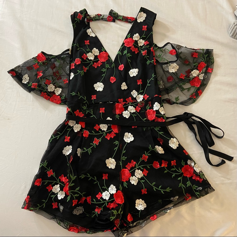 Embroidered Mesh Romper Black Red White & Green Floral Pattern Size Medium